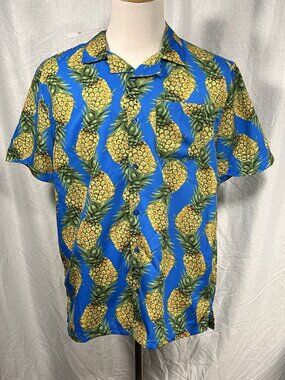 Resolution Clothing Pineapple Shirt Mens Large Blue Button Up NWT